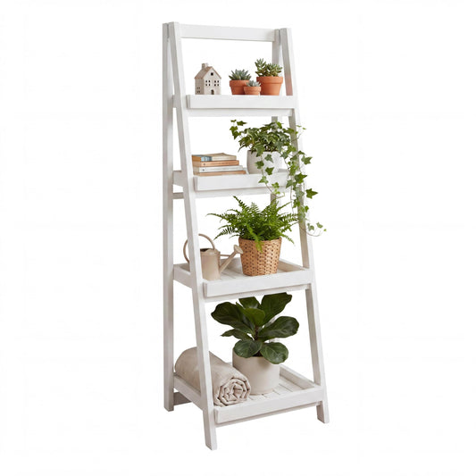 happimess SHF2008W Everett 48 in. H Minimalist Handcrafted Acacia Wood 4-Tier Indoor/Outdoor Folding Display Ladder Storage Rack and Plant Stand, White