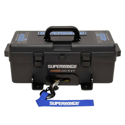 Superwinch 1140232 Winch2Go 12V DC Electric Portable Utility Winch 4000lb(1814.4kg) Single Line Pull with Steel Mounting Plate Integrated Hawse Fairlead 7/32" x 47' Synthetic Rope Handheld Remote
