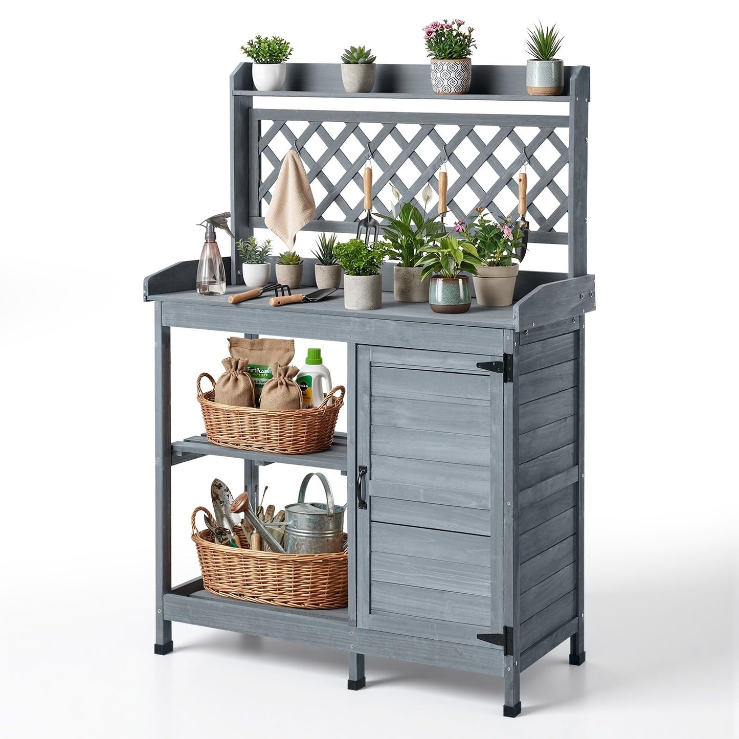 VEVOR Potting Bench Table, Outdoor Gardening Wooden Workstation with Storage Cabinet, Storage Shelves, 43 x 18 in Wood Tabletop, Garden Planting Work Station for Patio, Backyard, Balcony, Gray