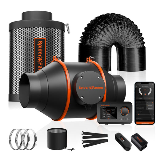 Spider Farmer Air Filtration Kit 4" Inline Duct Fan, GGS Temperature and Humidity Controller, Carbon Filter Combo, 13ft Ducting, Ventilation System for Grow Tent and Hydroponics