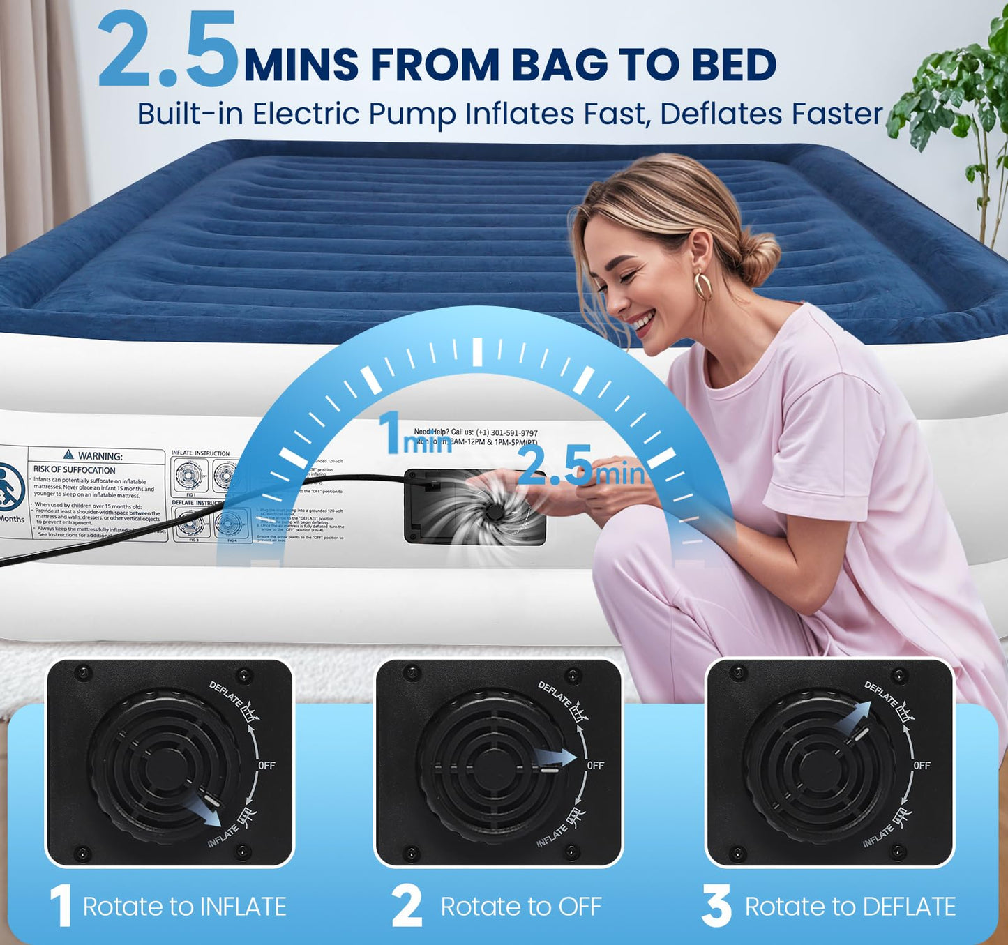KINGJERRY Air Mattress Full with Built in Pump, 18" Raised Comfort Full Size Air Mattress, Dual-Layer Leakproof Blow Up Mattress, Support 600 lbs, 2.5-Min Inflation Air Bed for Home Camping Guests