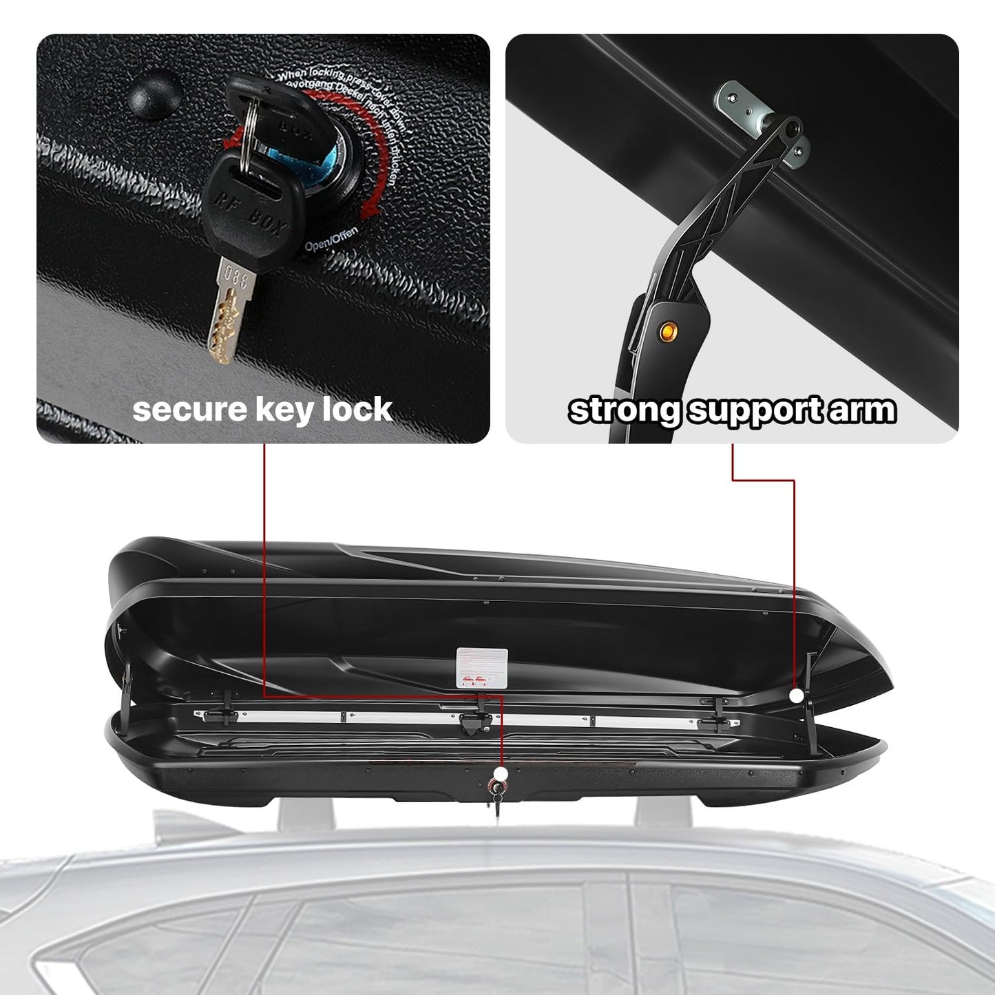 DNA Motoring Rooftop Cargo Lock Box Carrier Lockable Heavy Duty Car Top Storage Case, Capacity 110 Lbs, 72" x 30" x 12" (L x W x H), 13 Cubic Ft.(Glossy Black), PT-ZTL-8326-GSBK
