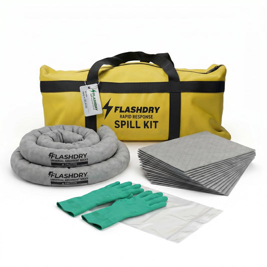 FlashDry Portable Universal Spill Kit - Set of 2 - Flashdry Portable Complete Spill Kits with Yellow Duffle, Bag Tag, 15 Spill Absorbent Pads, 2 3"x4' Sorbent Socks, Disposal Bags, Nitrile Gloves