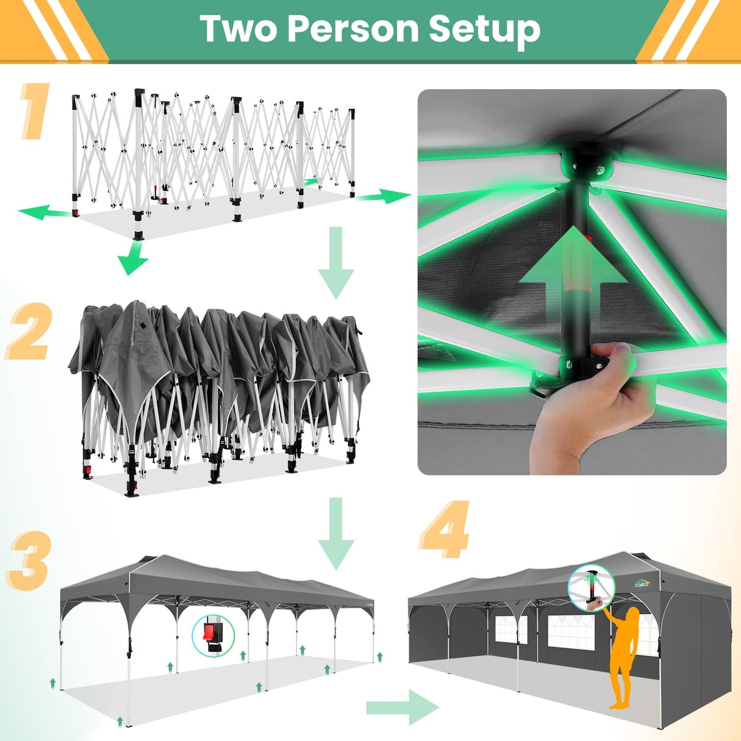 COBIZI 10x30 Pop Up Canopy Tent, Outdoor Party Tent with 5 Sidewalls, 1 Person Easy Set up, Tents for Parties with Fluorescent Strip & 4 Sandbags, Waterproof UPF50+, 3 Adjustable Height, Gray