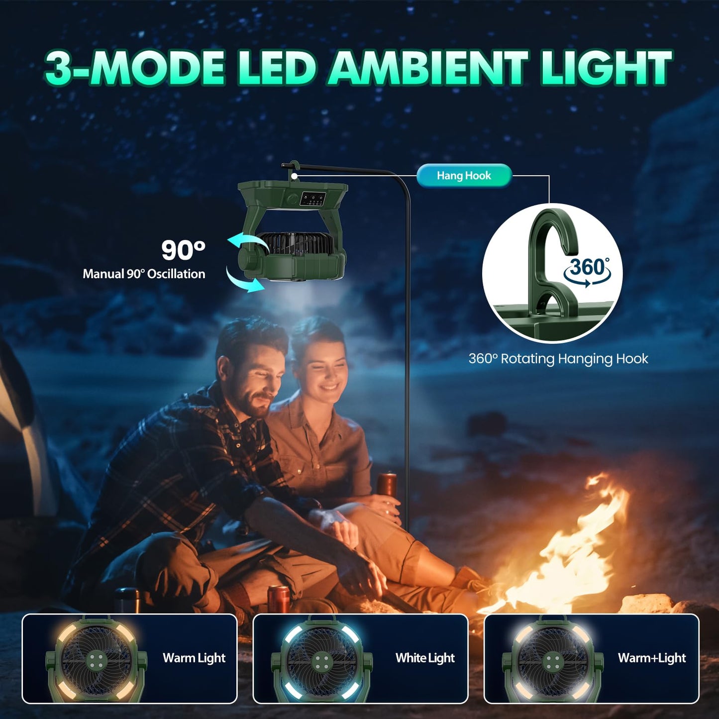 Wilody Portable Misting Fan Rechargeable with Remote Control, 6L Bucket Camping Fan with LED Lights & Stepless Speed Control & Cooling Mist, Portable Handle & Rotate Hook, Timer Function(Deep Green)