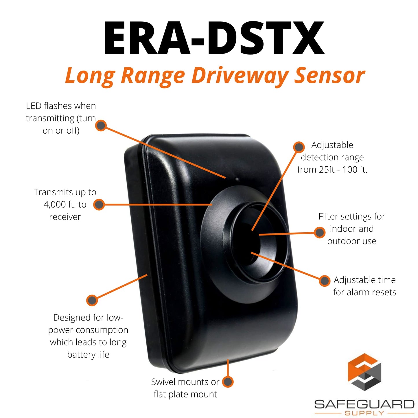 Safeguard Supply ERA-Driveway-Alarm Wireless Driveway Alert System - 4000 ft Long Range Outdoor Motion Sensor - Hearing Impaired Plug-in Receiver Features On/Off Bright Flashing Strobe Light