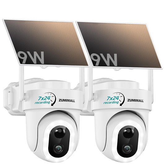 ZUMIMALL 9W Solar Security Cameras Wireless Outdoor, AOV 24/7 Recording Cameras for Home Security, 360° View, 2K Color Night Vision, 2-Way Talk, 2.4GHz WiFi, Auto Tracking, SD/Cloud/Alexa/AI (2-Pack)