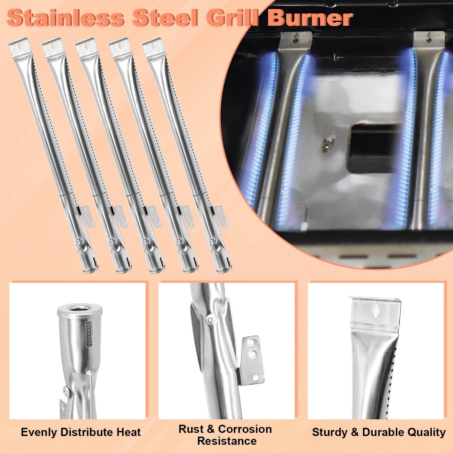 Grill Parts for Nexgrill 5 Burner 720-0888 720-0888N 720-0888A,4 Burner Nex-grill 720-0830H 720-0830 Stainless Steel Cooking Grates, Heat Plates, Burner Replacement Kit for Home Depot Nex grill