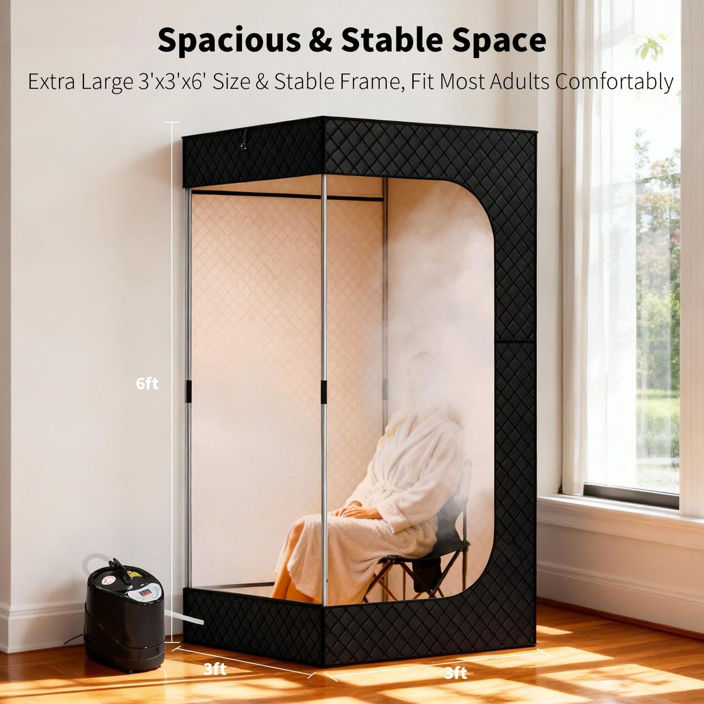 Dikutar Sauna Box -Portable Sauna for Home with Upgraded 3L 1500W Steamer,Folding Chair and Non-Slip Mat for Relaxation Spa,5-Layer Waterproof & Insulated Steam Saunas Tent,3 * 3 * 6ft,Larger (Black).
