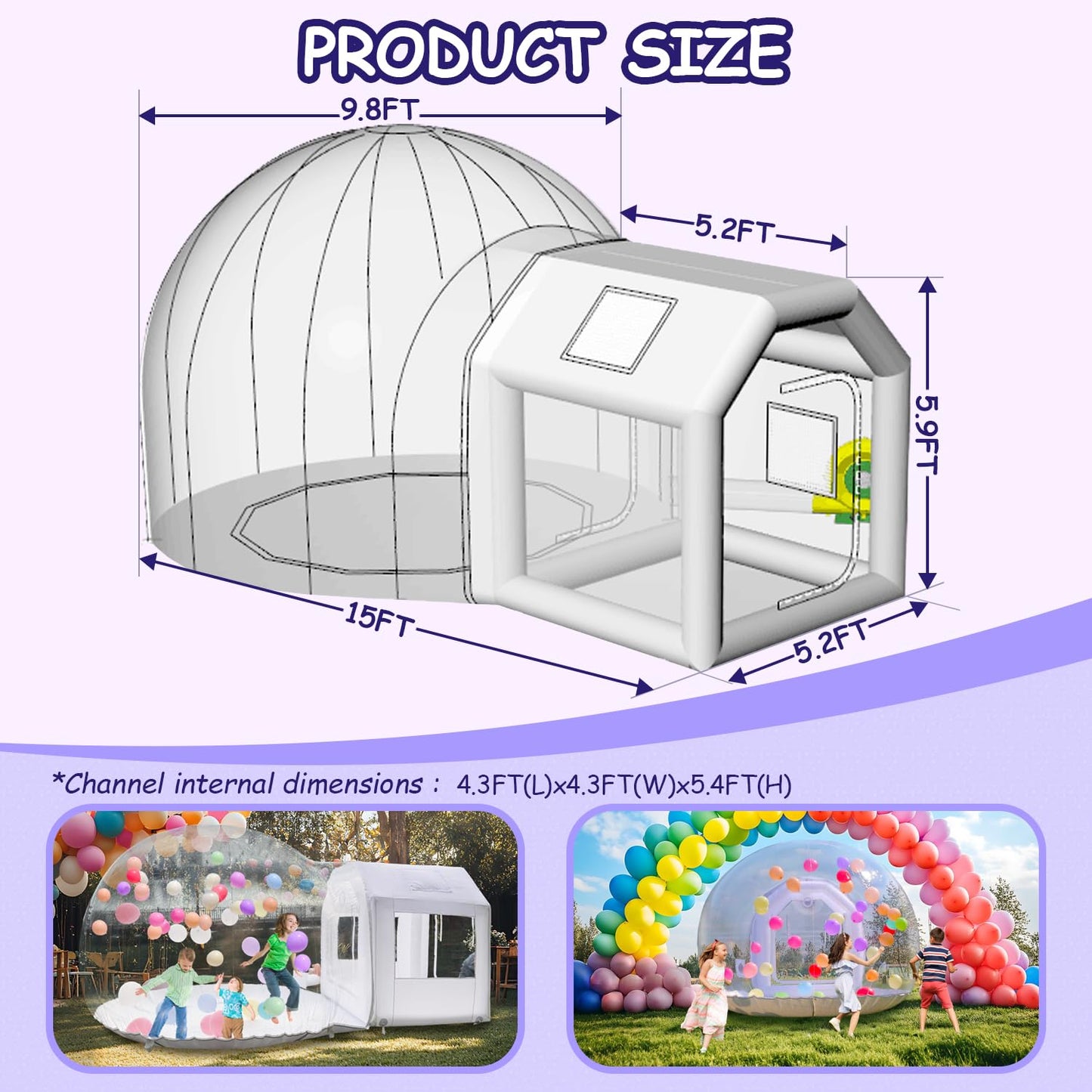 10ft Inflatable Bubble House Dome with Tunnel for Kids, Clear TPU Balloon Tent for Parties, Includes 450W Air Blower & 600W Air Pump