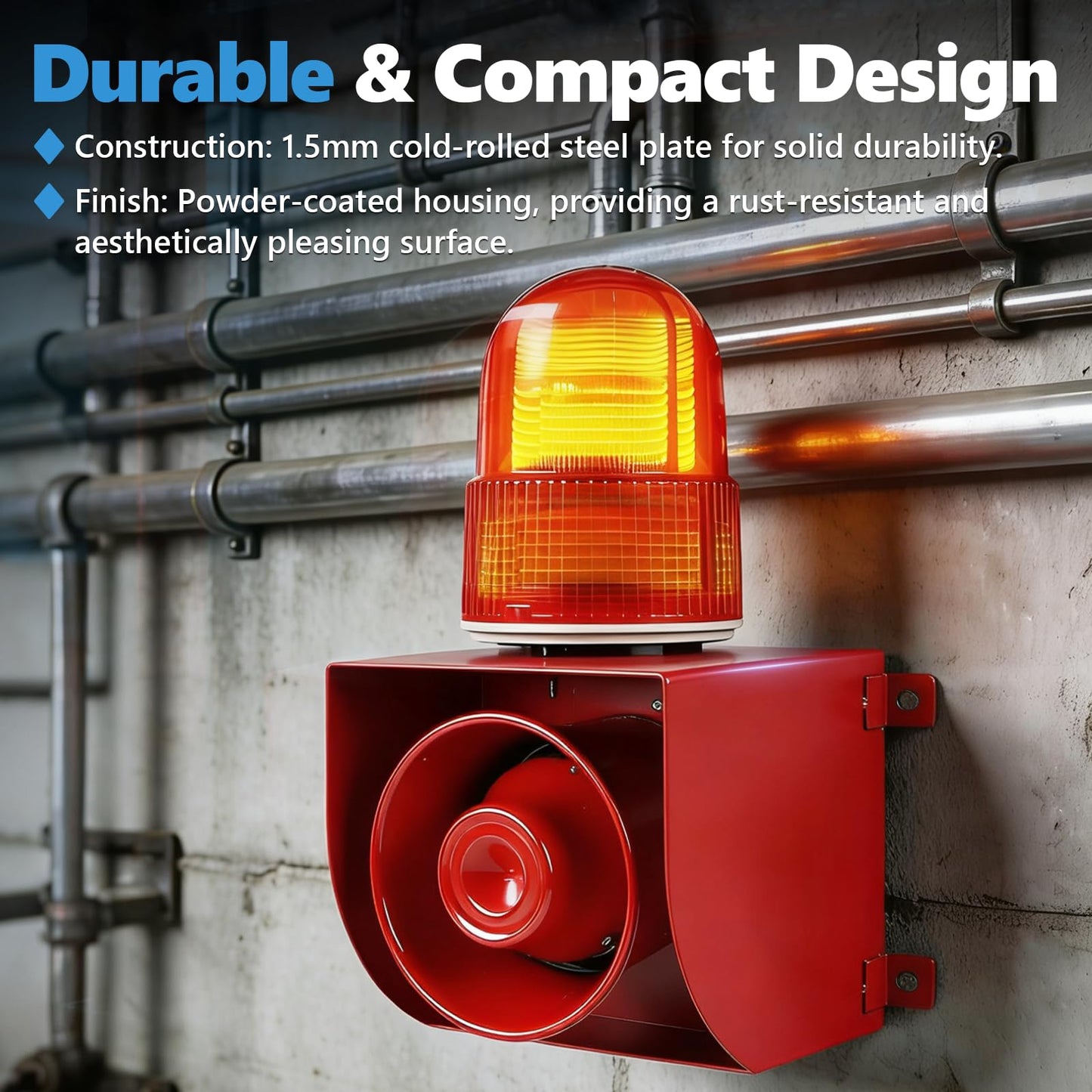 Saladulce Heavy-Duty 120dB Industrial Siren Alarm | IP65 Outdoor Alarm with Powerful Strobe Light for Machinery, Intruder, Business, Warehouse (110V AC)