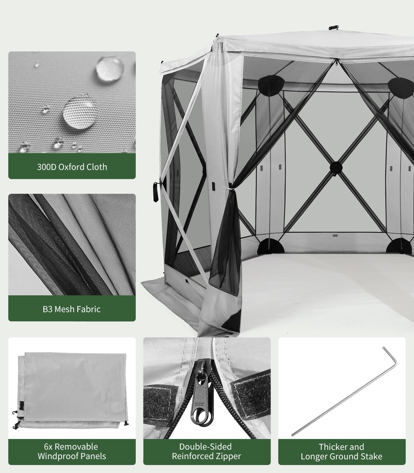 Raynesys 6 Sided Pop Up Gazebo Tent, Outdoor Gazebo with 6 Removable Wind Cloths, Pop-Up Canopy Shelter with Mesh Windows, Quick Set, 12x12 Feet Space, Camping Screen Tent for 8-12 Person Foldable