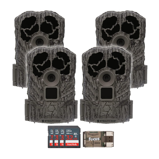 Stealth Cam Browtine 16MP, Durable, 60 Feet Infrared Detection Range, and Burst Mode Trail Camera (4-Pack) Bundle with USB 2.0 Card Reader, and Four 32GB Ultra SDHC UHS-I Memory Card (9 Items)