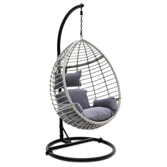 SereneLife Hanging Egg Chair with Stand - Indoor Outdoor Patio Wicker Rattan Lounge Chair with Stand, Steel Frame, UV Resistant Washable Cushions for Garden Backyard Deck Sunroom SLGZ0EGG (Gray)