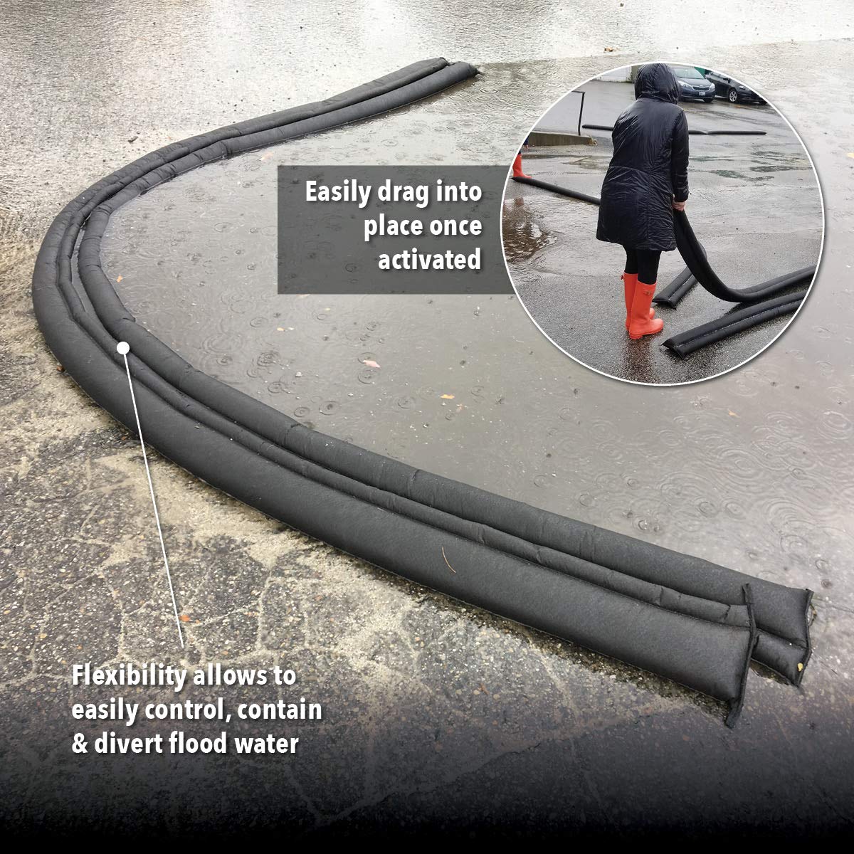 Quick Dam Water Activated 5ft Flood Barrier, Reusable Water Absorbers for Diverting Water, Protects from Rain, Spills, Leaks, Floods & More, - Pack of 16