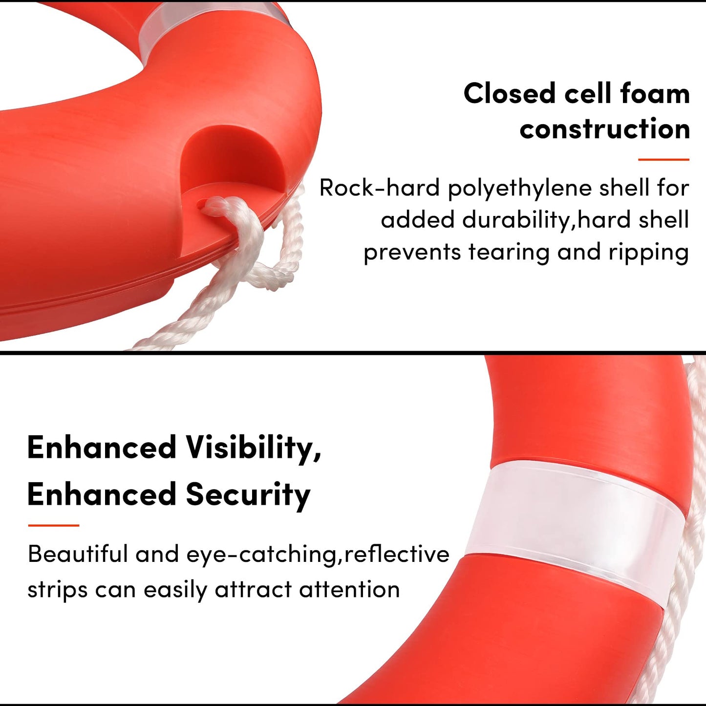 23in Life Ring 2Pack Boat Safety Throw Rings,Life Buoy Ring with Reflective Tape & Grab Lines,Orange Life Preserver Saving Rings,Include Water Floating Saving Rope