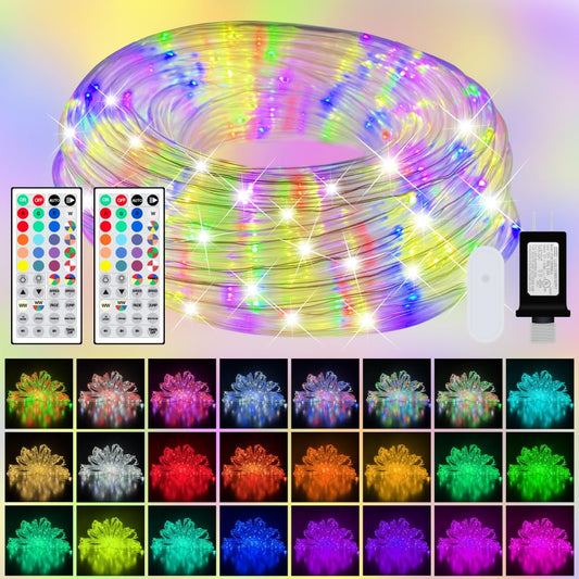 200ft Outdoor LED Rope Lights, IP68 Waterproof 25 Color Changing String Lights, Red White Blue for 4th of July Patriotic Decorations, Warm White & RGB Twinkle Fairy Light for Christmas Indoor Outside