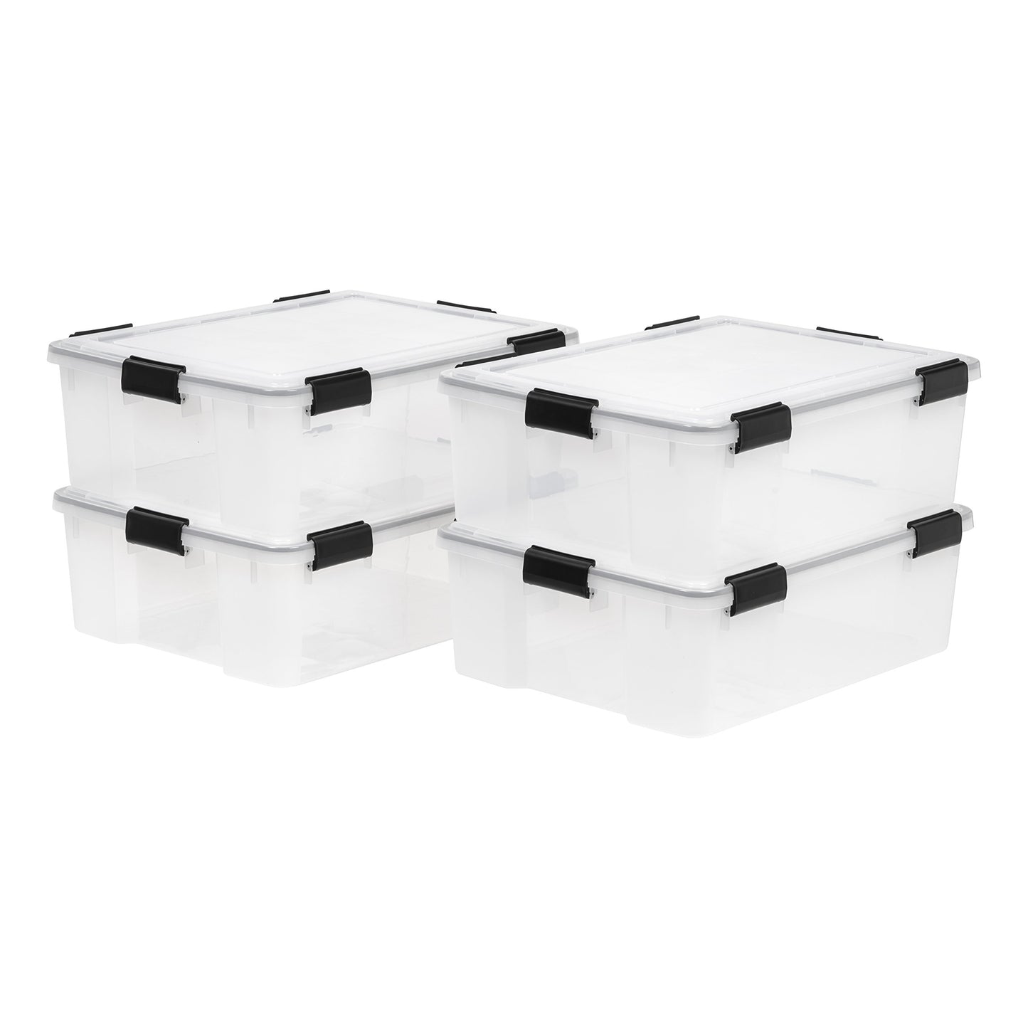 IRIS USA WeatherPro 41 Qt Storage Bins with Lids, 4 Pack, BPA-Free Plastic Gasket Box with Tight Latch and Seal, Stackable Nestable Tote Tub - Clear/Black