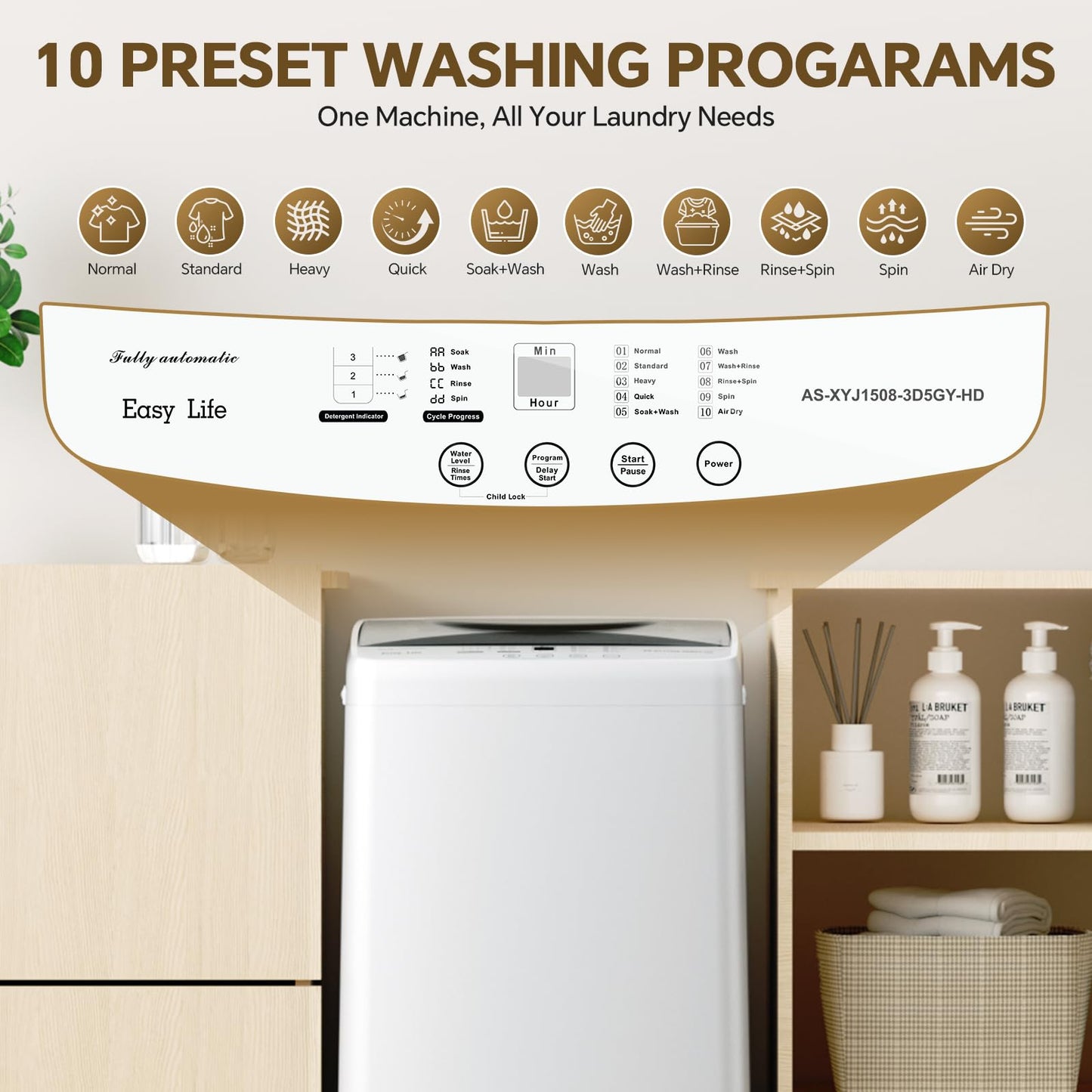 KMFurnila Portable Washing Machine, 1.06 Cu.Ft. Full-Automatic Laundry Machine with Child Safety Lock, 10 Wash Cycles & 3 Water Levels, 7.7 LBS Compact Washer for Apartment Dorm RV Camping, White