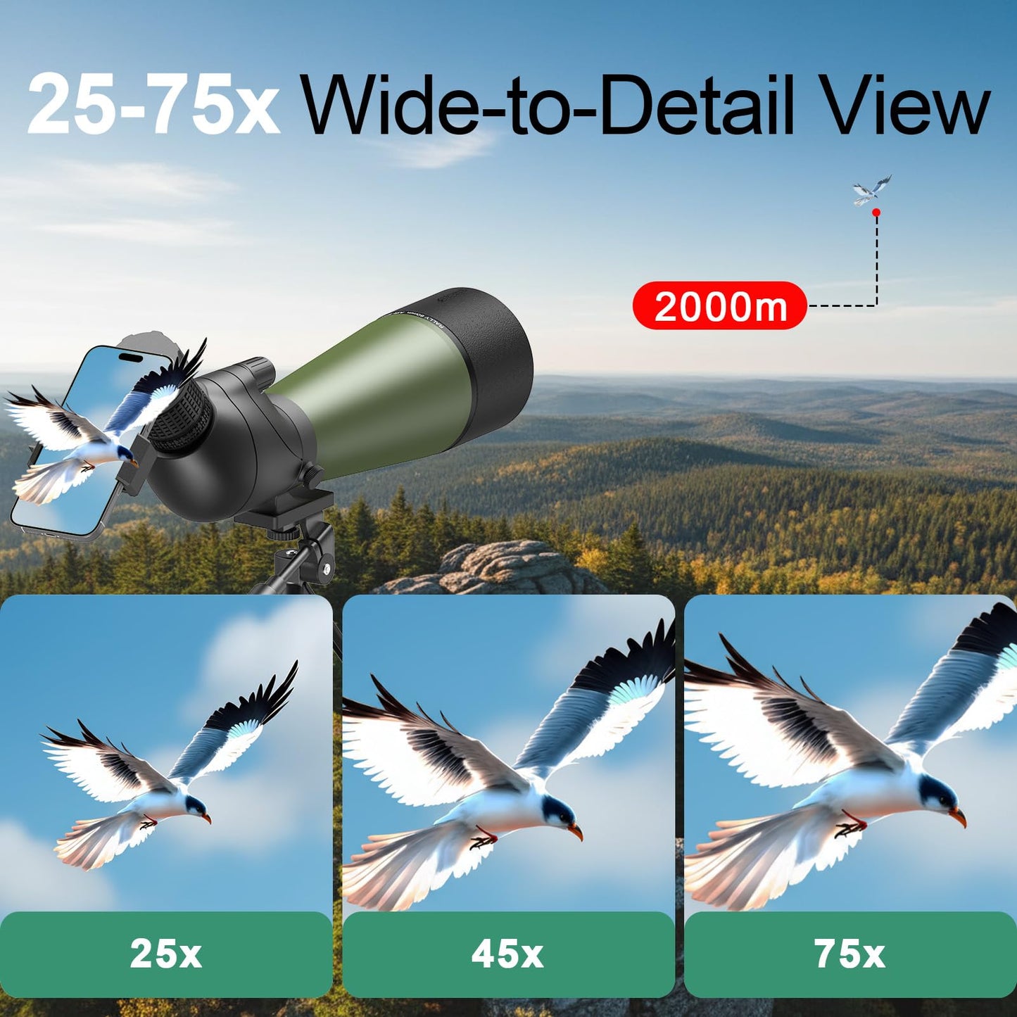 Gosky Flagship 25-75x80 Spotting Scope - Spotting Scopes with Tripod, Carrying Bag and Quick Phone Holder BAK4 Waterproof Spotter Scope for Bird Watching Target Shooting,Upgraded Version