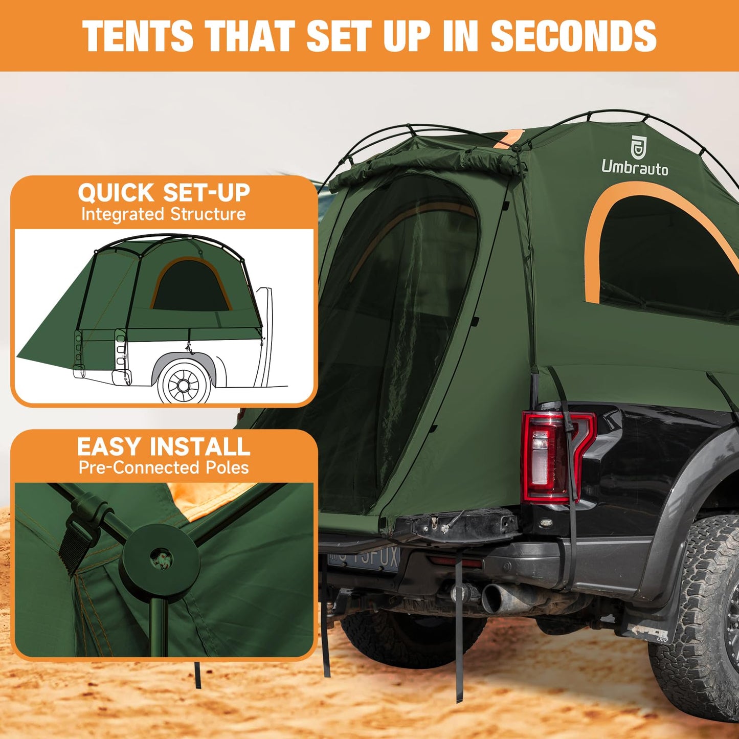 Umbrauto Truck Bed Tent Fits 6.5ft Truck Bed, Easy Setup for Camping, 3000mm Waterproof Pickup Truck Tent for 2 Person, Ford, GMC, Toyota, Chevy, Dodge, Nissan, Green & Orange