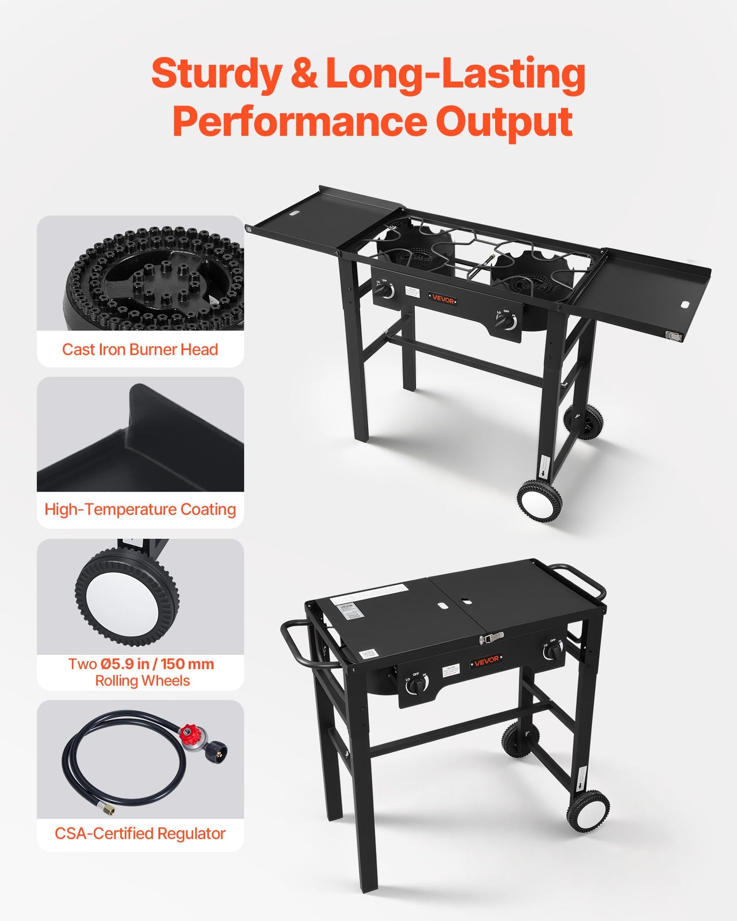 VEVOR 2 Burner Outdoor Propane Gas Stove, 150,000 BTU Propane LPG Gas Camping Stove, Foldable Heavy-duty Carbon Steel Outdoor Cooker, with Wheels & Shield & 20 PSI Regulator, for BBQ Camp Home Patio