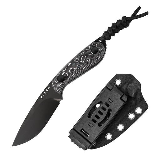 Kizer Buddy Fixed Blade Knife, 3" M390 Blade Camping Knife with Multicolored Fat Carbon White Storm Handle, Compact EDC Fixed Blade Knives with Sheath for Hiking Hunting Survival 1081A9