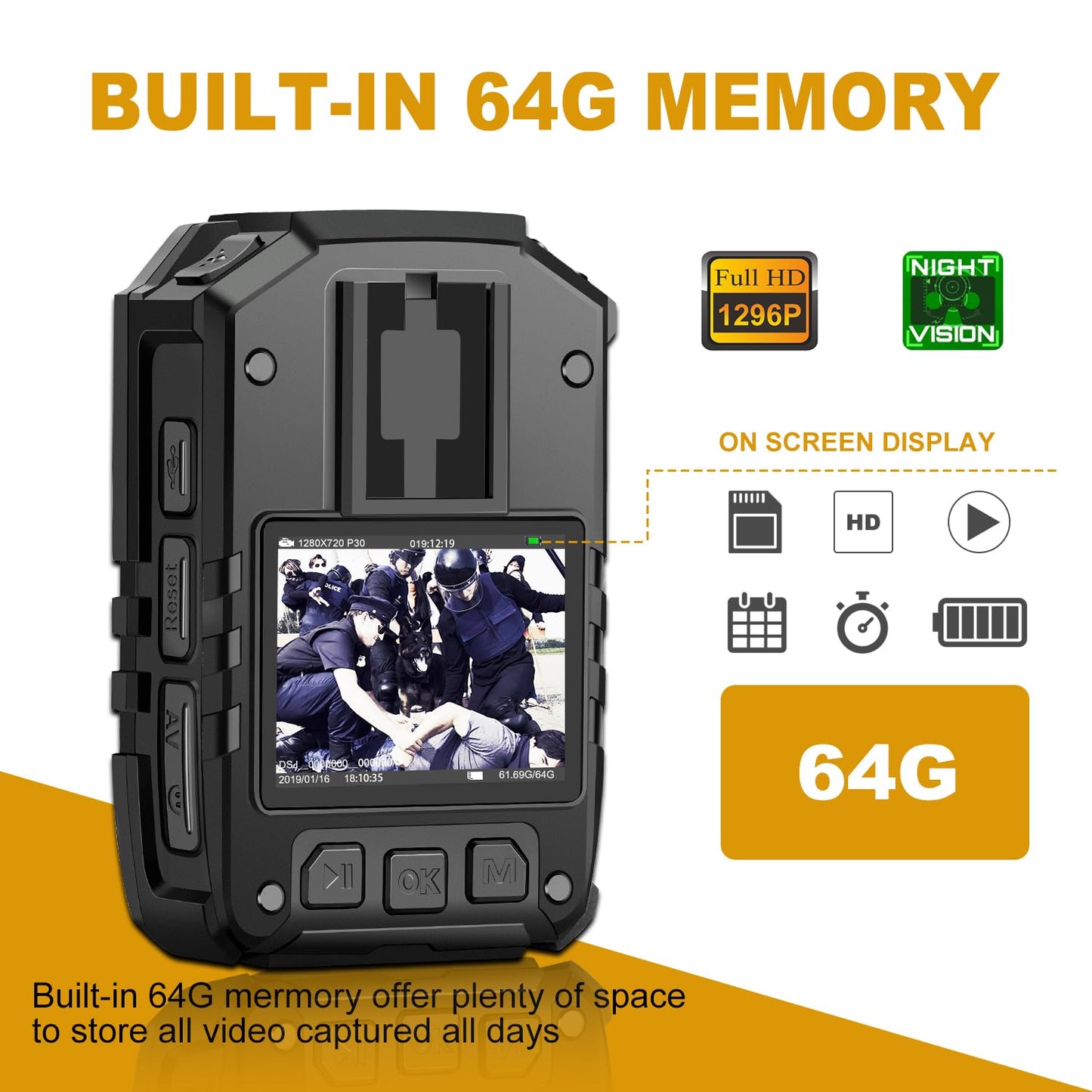 CammPro I826 1440P 2K HD Police Body Camera,64G Memory,Waterproof Body Worn Camera with Audio Recording,Night Vision,GPS for Law Enforcement