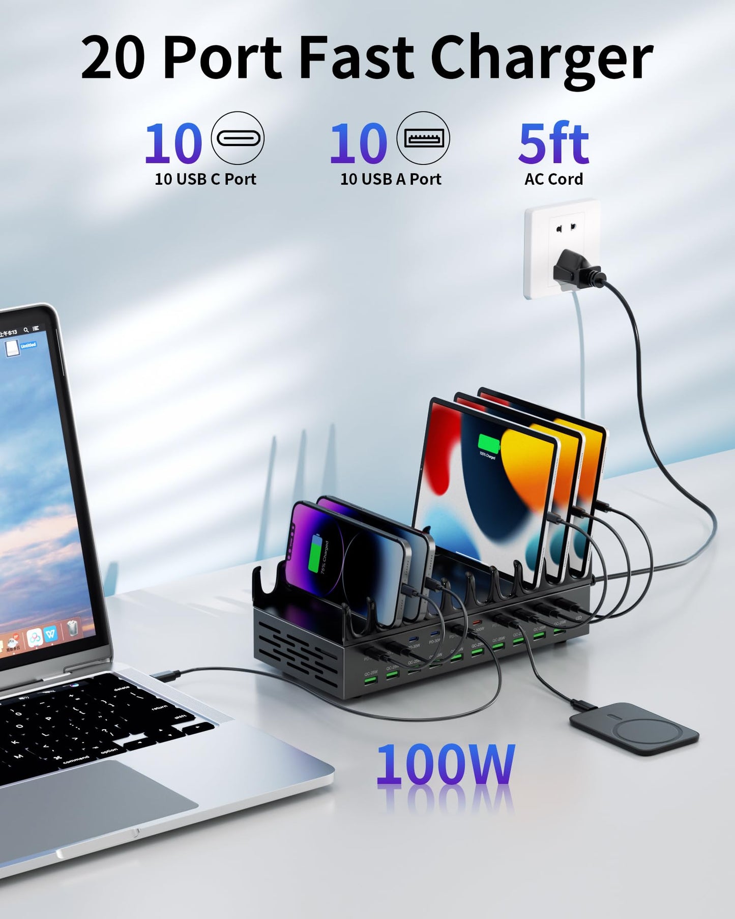 690W Charging Station for Multiple Devices, 20-Port USB C Fast Charging Station with Double 100W PD PPS Port, Multi Device Fast Charger Dock for MacBook Pro Laptop, iPhone, iPad, Tablet, Cell Phone