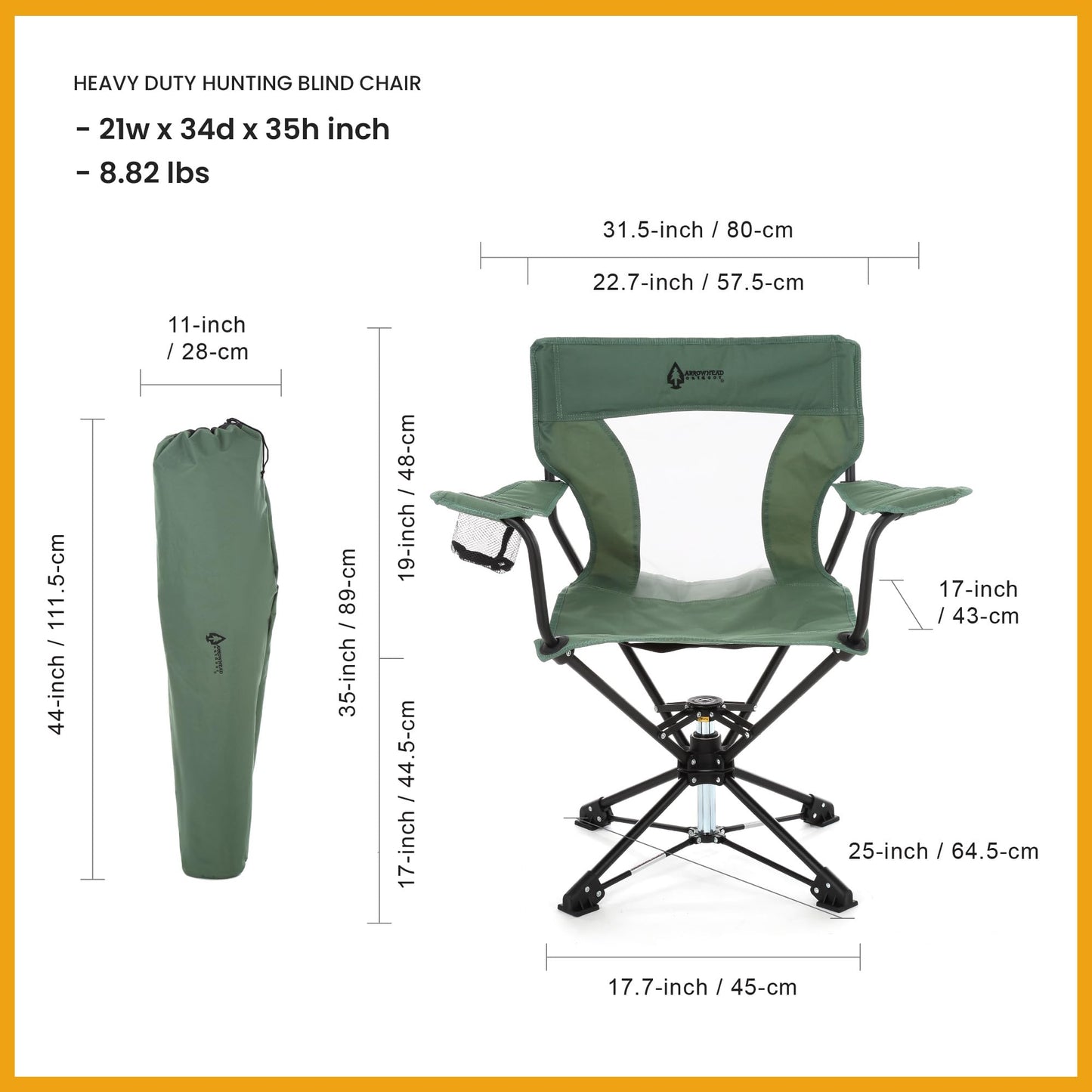 ARROWHEAD OUTDOOR 360° Degree Swivel Hunting Chair Stool Seat, Perfect for Blinds, No Sink Feet, Supports up to 450lbs, Carrying Case, Steel Frame, Fishing, High-Grade 600D Canvas, USA-Based Support
