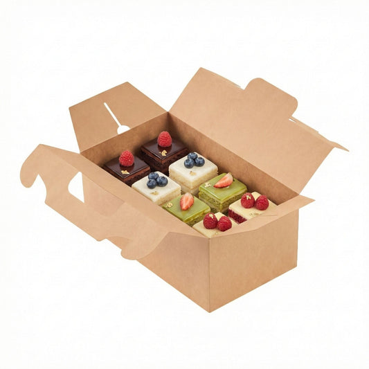 Restaurantware-Bio Tek 10.2 x 5.9 x 6.9 Inch Treat Boxes With Handles, 100 Rectangle Gable Boxes - With Secure Tab, Grease-Resistant, Kraft Paper Cardboard Boxes, Recyclable