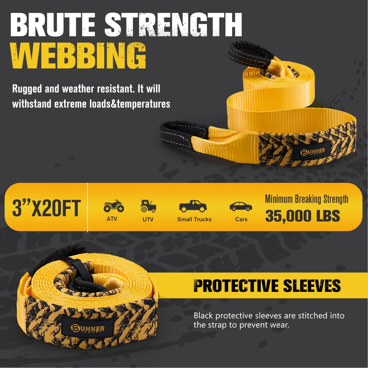 BUNKER INDUST Off Road Traction Boads + 3" x 20ft Recovery Straps + Pair 3/4 D Ring Shackles + Bag 35,000 lbs Tree Saver Winch Strap
