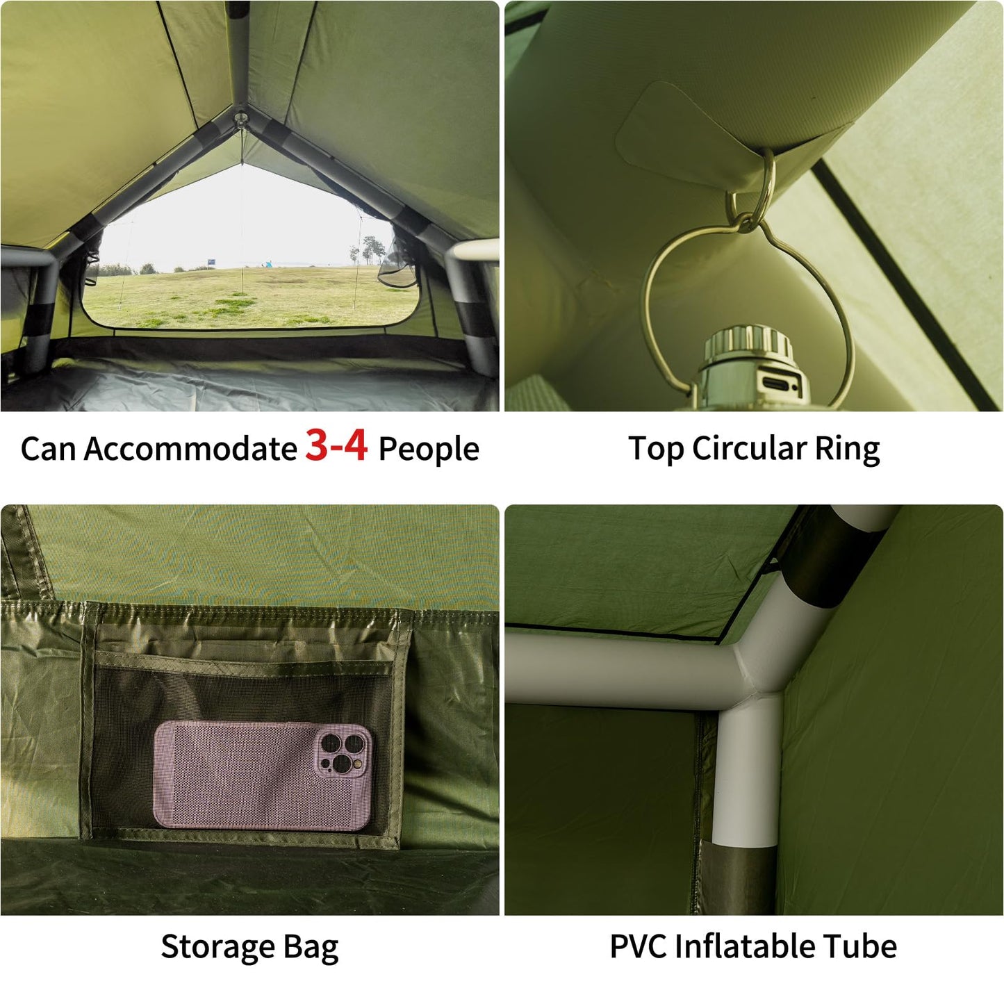 WaldZimmer Inflatable Camping Tent with Hand Pump Waterproof Outdoor Blow up Tent Oxford 4 Season Air Tent Cabin House with Mesh Windows & Door 12sq/6sq Green (9.74ft*6.46ft*6.56ft (3-4 Person))
