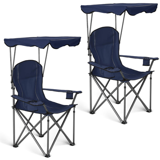 ALPHA CAMP Heavy Duty Canopy Camping Chair, 350 lbs Capacity Oversized Folding Chair with Adjustable Sunshade, Portable Sunshade Chair with Cup Holder for Beach, Fishing, Outdoor - Navy Blue,2PC