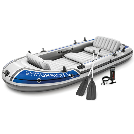 Intex Excursion 5 Person Inflatable Boat, Water Fishing River Raft Set w/ Oars - Large 1,300 Lb Capacity Portable Blow-Up 5 Seater Raft for Adults