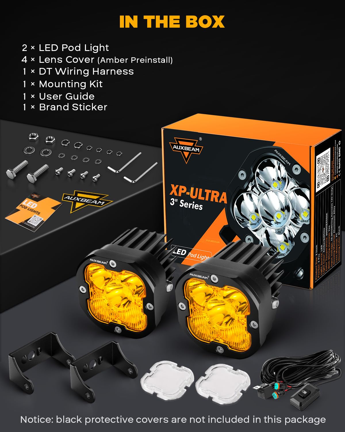Auxbeam XP-Ultra Series 3" 80W Cube LED Pods White Spot Beam & Amber Combo Beam Replaceable Light Covers 9600LM Yellow Offroad Ditch Lights Driving Light Bar, Pair
