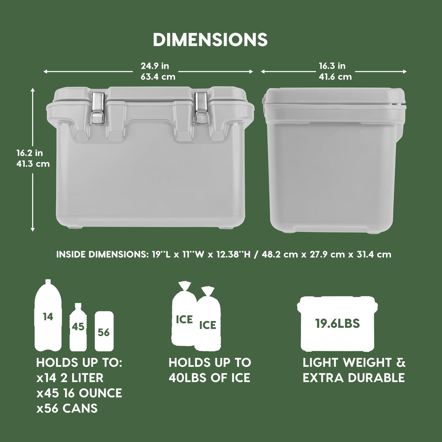 IRIS USA Hugel 44 QT Cooler, Heavy Duty Metal Buckles, Leak-Free Design, Durable Hard Cooler, Ice Chest with Bungee Strap, Molded Handles, Fishing Camping Boat Beach Tailgating Road Trips, Light Gray