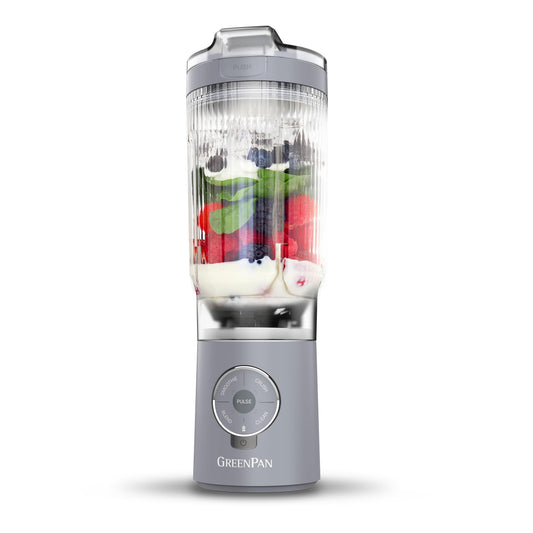 GreenPan Spin & Go Portable Blender, 24oz BPA-Free Cup, Self-Cleaning, Shakes Smoothies Juices, Crushed Ice & Frozen Fruits, Leakproof Lid, Fast Charge, Personal Handheld for Travel & Gym, Dove Gray