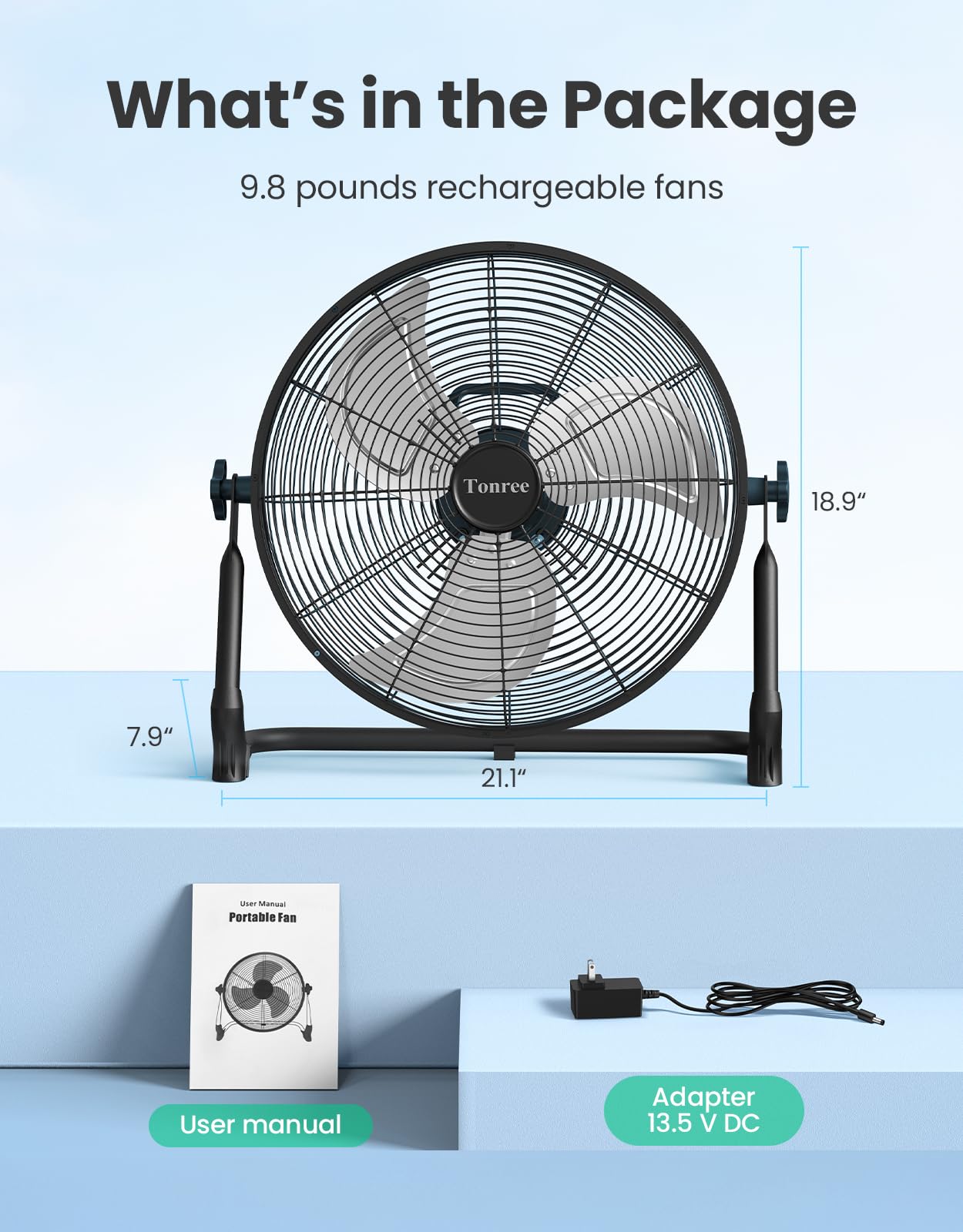 Tonree 18" Portable Battery Operated Floor Fan, Hi-Velocity Rechargeable Cordless Fan, USB Phone Charge, 12-60H Runtime, Quiet, Wireless, Hi-Airflow, For Camping Home Gym Patio Outdoor Summer Gazebo
