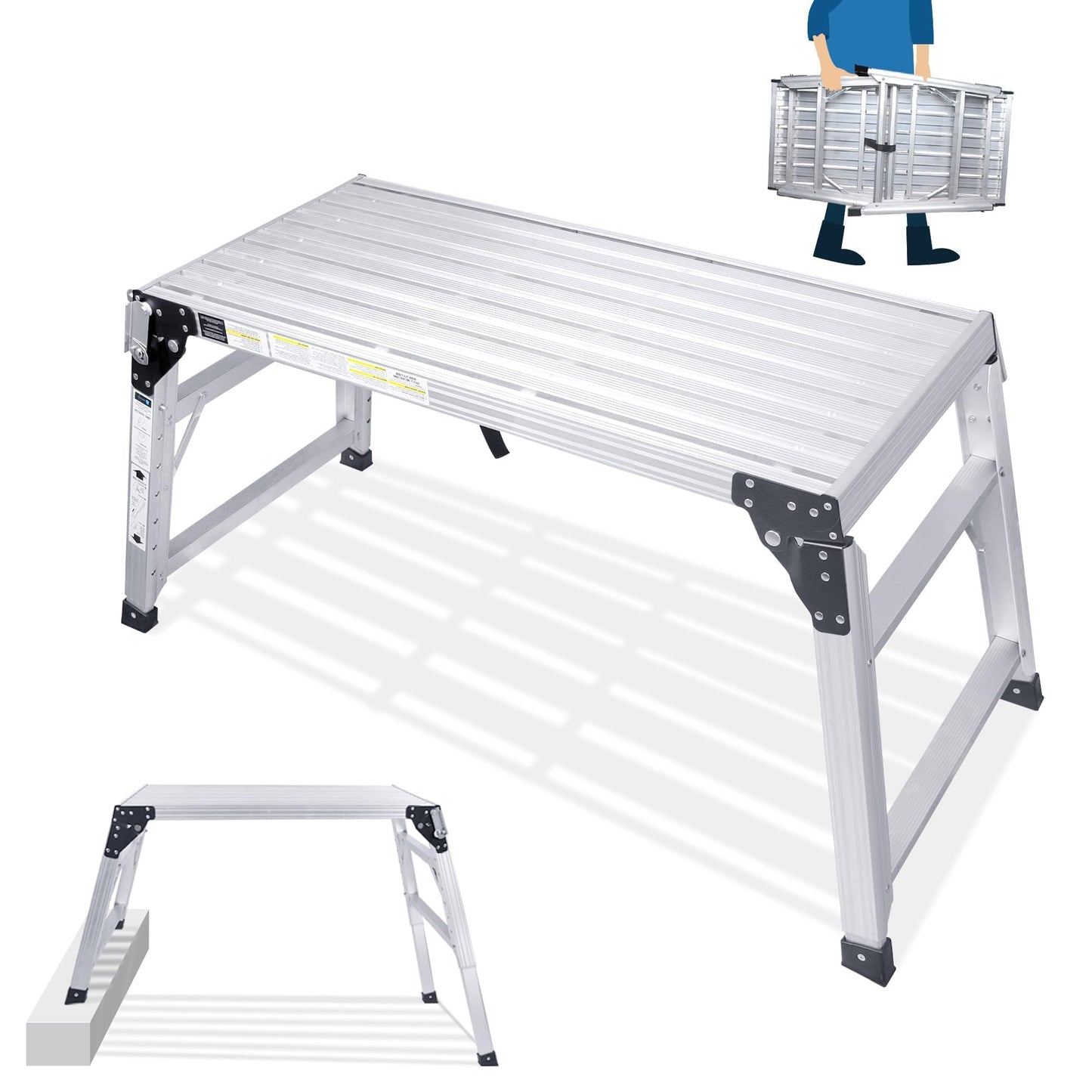 ORIENTOOLS Adjustable Work Platform, (39.4" X 18.5") Portable Folding Aluminum Step Ladder, Scaffolding Platform of Capacity 330 LBS Heavy Duty, 7 Gear Adjustable Height 24 to 35 inches