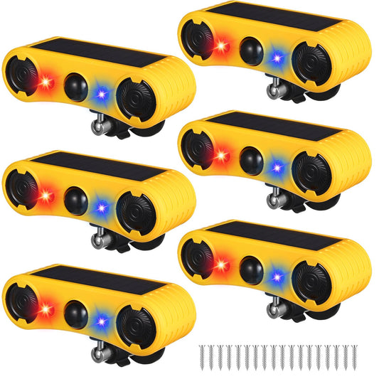 Qualirey Solar Outdoor Motion Sensor Alarm 2 x 129dB Loud Noise Maker 13 Sound Detector Strobe Light, 4 Modes Animal Deterrent Dog Barking Alarm Mount on Ground or Fence for Garden Yard(6 Pack)
