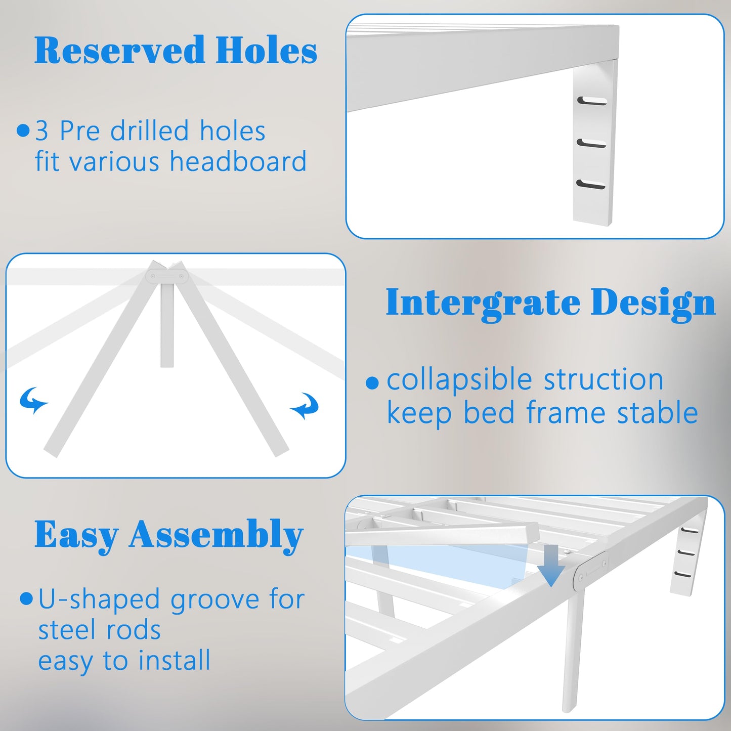KOSOSO 12 Inch White Full Size Bed Frame with Baffles, Metal Full Bed Frame No Box Spring Need, Heavy Duty Steel Platform Support, Reserved Holes, Round Corner Legs, Storage Space, Noiseless