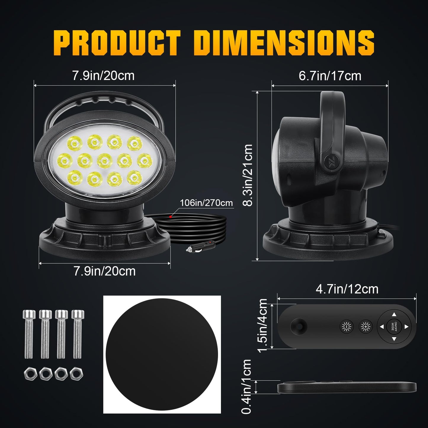 AUXTINGS 360 Degree LED Spotlight Search Light LED Rotating Remote Control Work Light with Magnetic Base for SUV Boat Home Security Protection Emergency Lighting Farm Field Garden