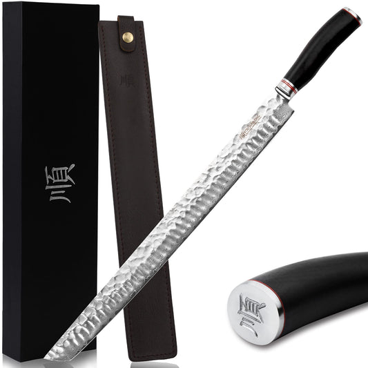 YOUSUNLONG Sakimaru Knife 15 inch(380mm) Ultimate Japanese Damascus Steel Fillet Knives Suitable for cutting tuna and salmon-Natural Ebony Handle With Leather Sheath