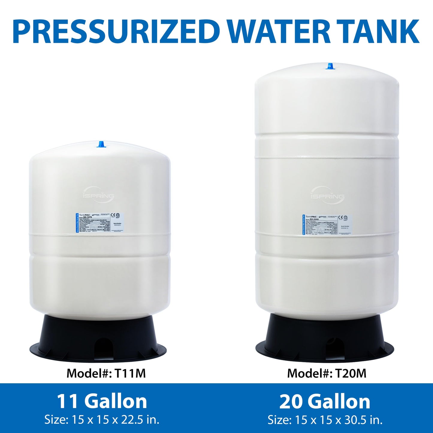 iSpring T20M 20 Gallon Pre-Pressurized Tank for Reverse Osmosis (RO) Systems with 14 gallons of Water Storage Capacity, White
