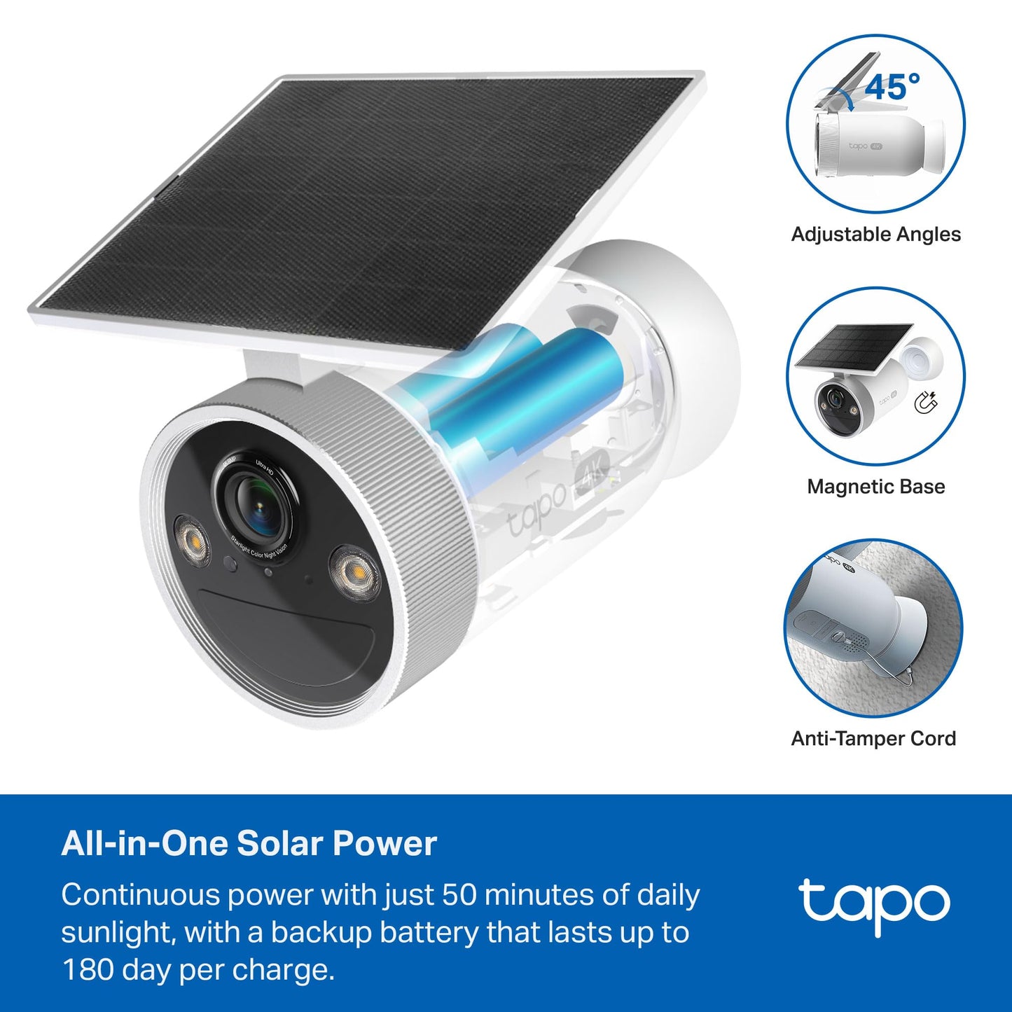 Tapo MagCam 4K Outdoor Wireless Security Camera - Battery with Integrated Solar, Magnetic Mount, Person/Vehicle Detection, 24/7 Capture, Subscription-Free Local Storage or Optional Cloud, C465