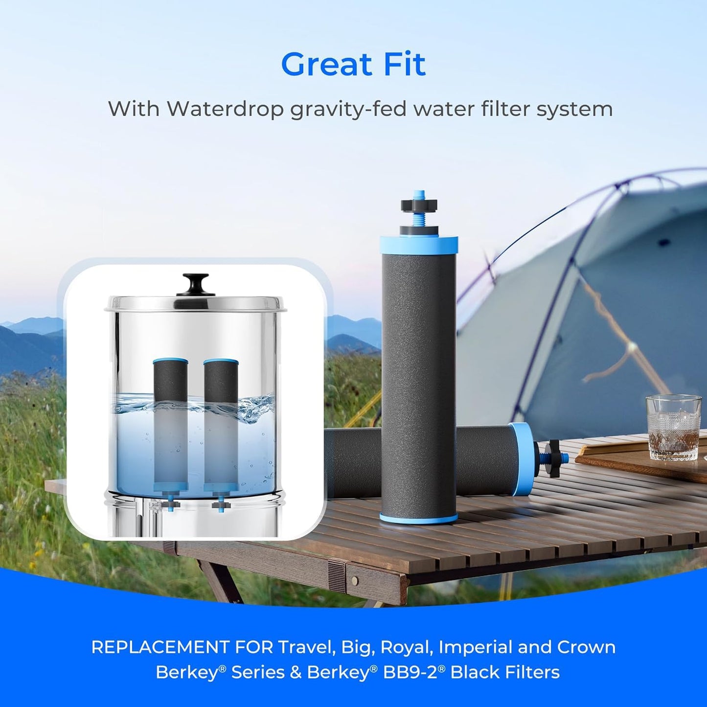 Waterdrop Gravity-fed Water Filter System, Reduces Lead and up to 99% of Chlorine, NSF/ANSI 42&372 Standard, with 2 Black Carbon Filters and 2 Alkaline Water Filters