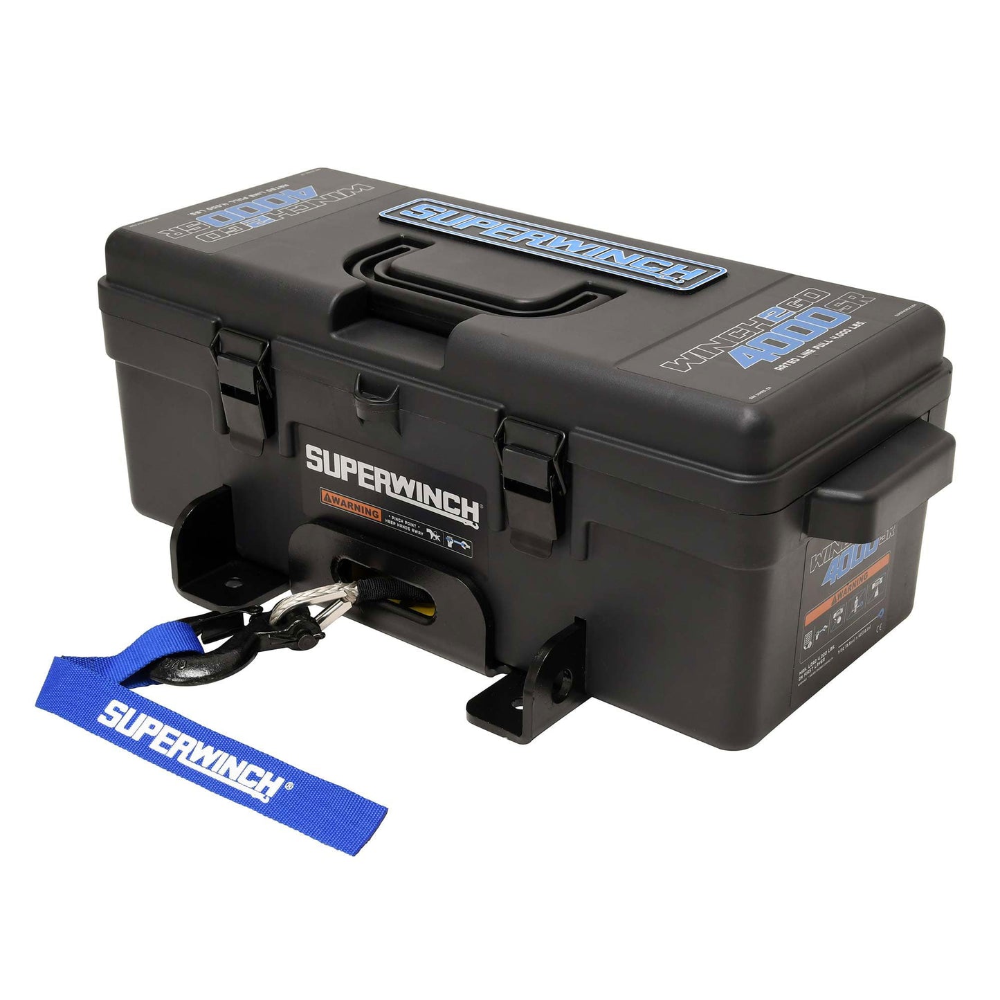 Superwinch 1140232 Winch2Go 12V DC Electric Portable Utility Winch 4000lb(1814.4kg) Single Line Pull with Steel Mounting Plate Integrated Hawse Fairlead 7/32" x 47' Synthetic Rope Handheld Remote
