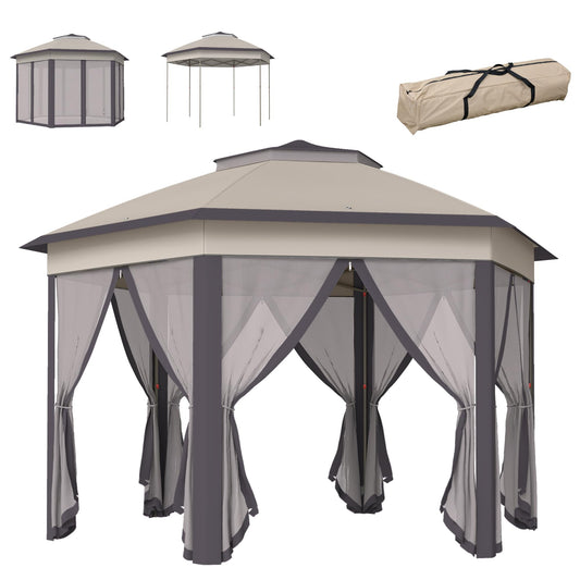 Outsunny 13' x 13' Pop Up Gazebo, Hexagonal Canopy Shelter with 6 Zippered Mesh Netting, Event Tent with Strong Steel Frame for Patio Backyard Garden Wedding Party, Coffee and Beige