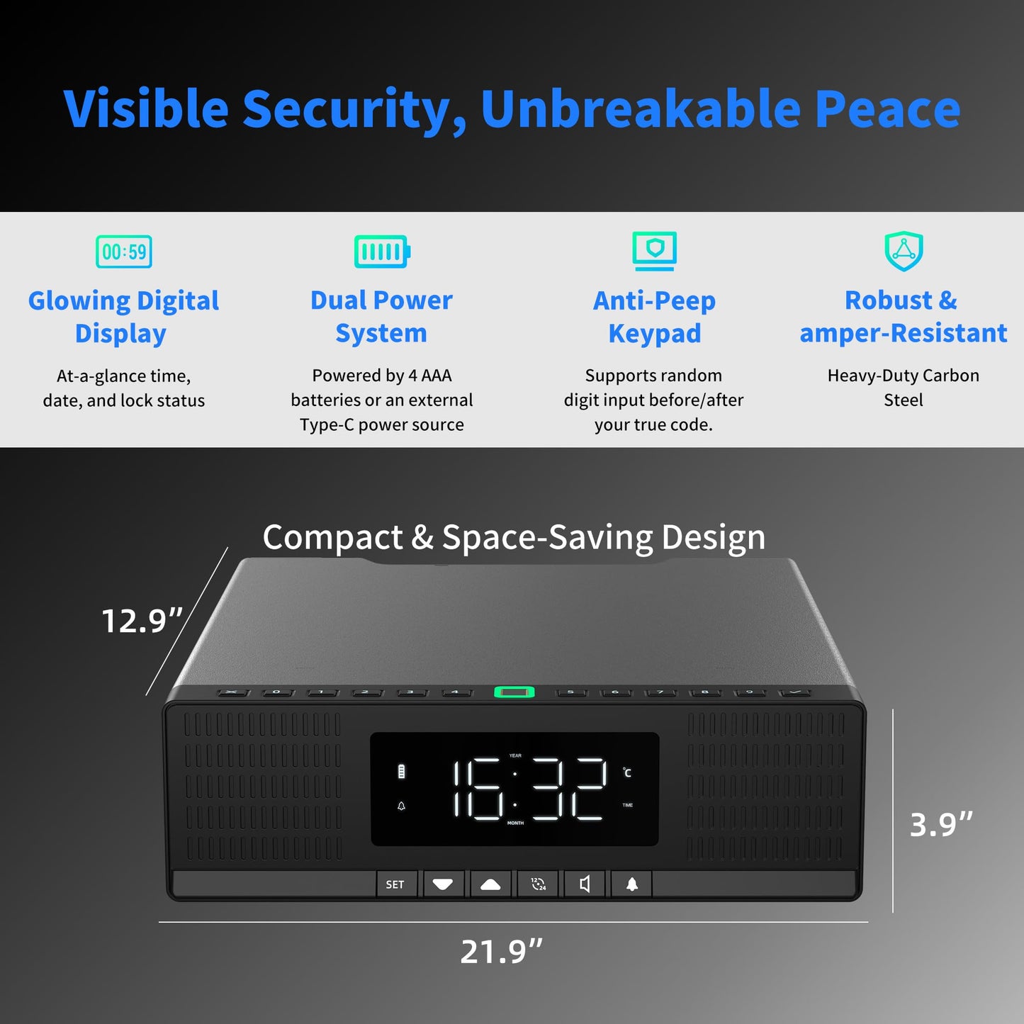 Medunor Smart Security Box, Biometric Fingerprint Safe for Handgun & Valuables, Portable Lock Box with Bluetooth, Anti-Theft Steel Cable, USB Charging, Digital Keypad, Hidden Audio Design